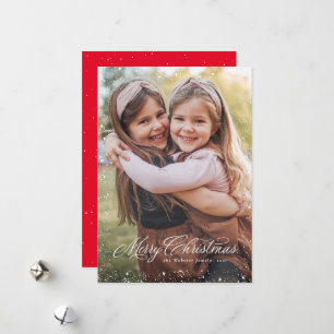Merry Christmas elegant script red one photo snow Holiday Card