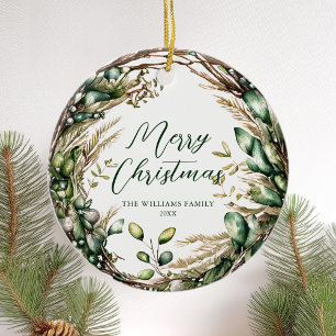 Merry Christmas Elegant Script Rustic Botanical Ceramic Ornament