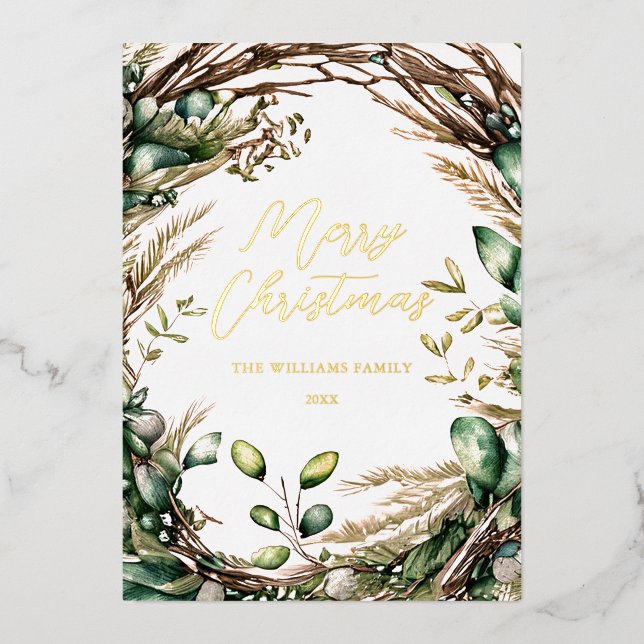 Merry Christmas Elegant Script Rustic Botanical Foil Holiday Card (Front)