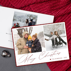 Merry Christmas elegant script simple 3 photo red Holiday Card