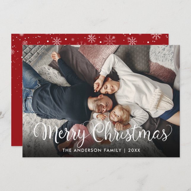 Merry Christmas Elegant Script Snowflakes Photo Holiday Card (Front/Back)