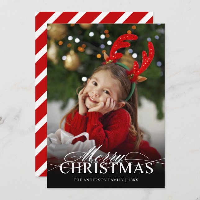 Merry Christmas Elegant Script White Text Overlay Holiday Card (Front/Back)