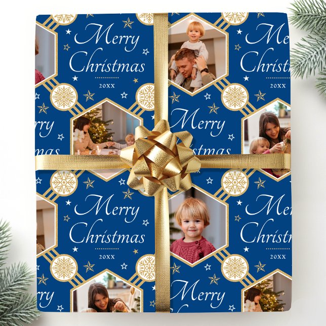 Merry Christmas Elegant Snowflake Photo Blue Wrapping Paper (Creator Uploaded)
