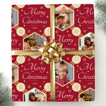 Merry Christmas Elegant Snowflake Photo Deep Red Wrapping Paper<br><div class="desc">Make your holiday gifts extra special with custom photo wrapping paper! This editable template is personalized with four of your favorite photos, and the recipient's name, your family name, or the holiday year. It features hexagonal picture frames, set against a festive background of snowflakes and stars, along with the phrase...</div>