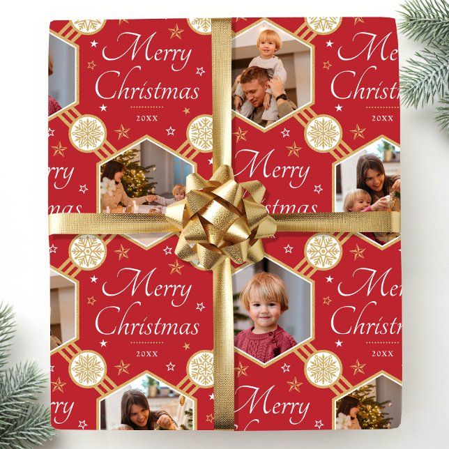 Merry Christmas Elegant Snowflake Photo Red Gold Wrapping Paper (Creator Uploaded)