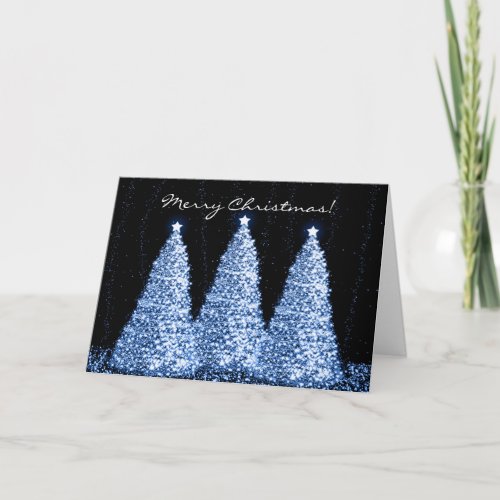 Merry Christmas Elegant Sparkle Trees Blue Holiday Card
