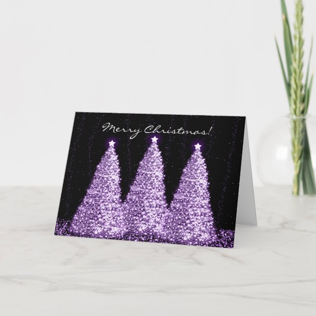 Merry Christmas Elegant Sparkle Trees Purple Holiday Card (Front)