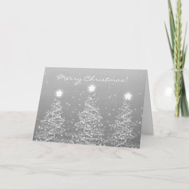 Merry Christmas Elegant Sparkling Trees Silver  Holiday Card (Front)