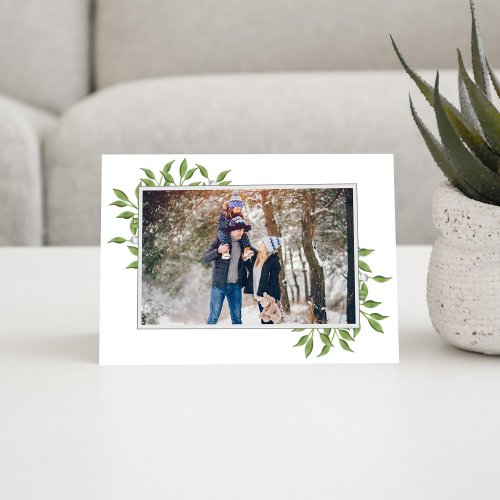 Merry Christmas Elegant Traditional Photo Greenery Holiday Card