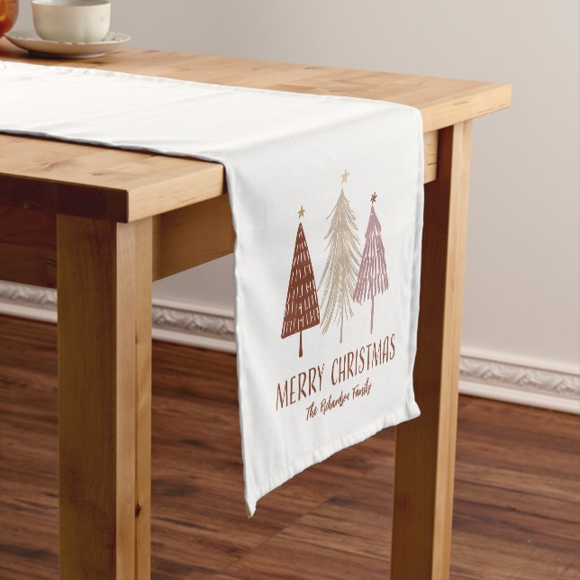 Merry Christmas Elegant Trees Custom Festive White Short Table Runner (In Situ)
