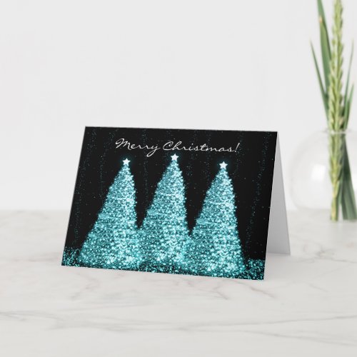 Merry Christmas Elegant Turquoise Sparkle Trees Holiday Card