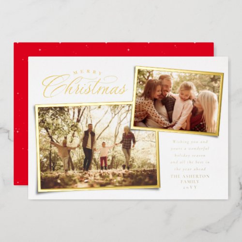 Merry Christmas elegant two photo gold white Foil Holiday Card