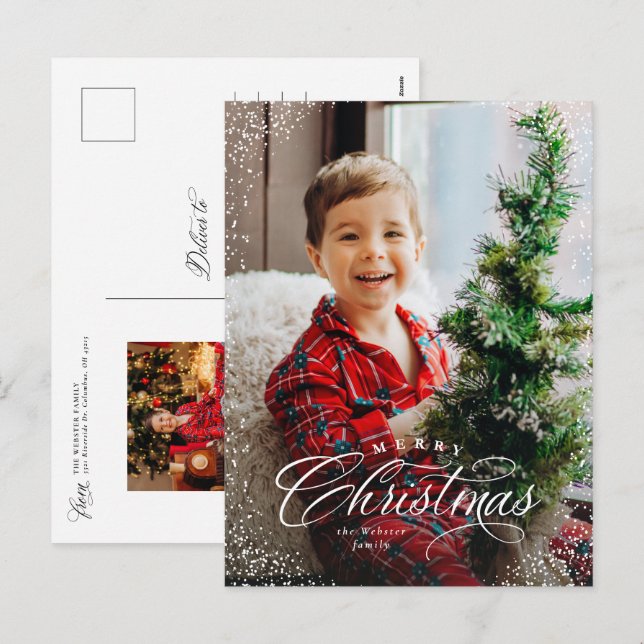 Merry Christmas elegant two photo snow frame Holiday Postcard (Front/Back)