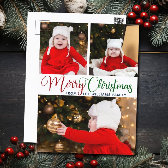 Merry Christmas Elegant Typography 3 Photo Cute Postcard (Creator Uploaded)