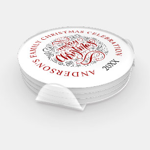Merry Christmas Elegant Typography Black and Red Coaster Set