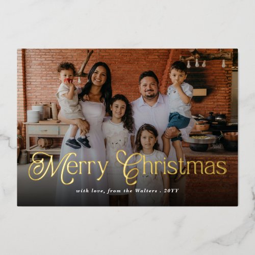 Merry Christmas Elegant Typography Family Photo Foil Holiday Card