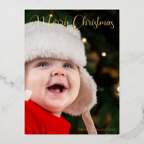 Merry Christmas Elegant Typography Full Photo Gold Foil Holiday Postcard
