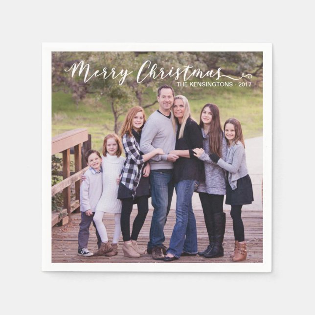Merry Christmas Elegant Typography Photo Name Napkins (Front)