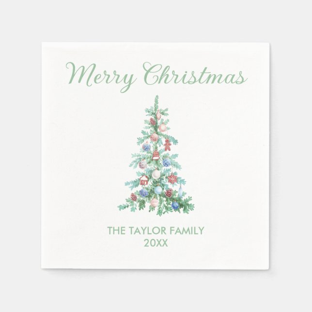 Merry Christmas Elegant Watercolor Greenery Tree  Napkins (Front)