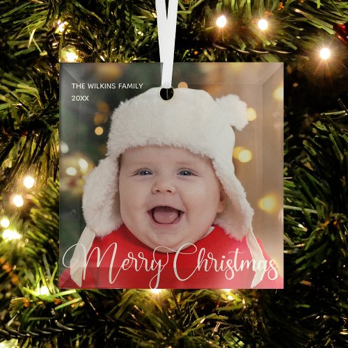 Merry Christmas Elegant White Script Baby Photo Glass Ornament