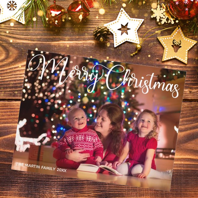 Merry Christmas Elegant White Script Overlay Photo Postcard (Creator Uploaded)