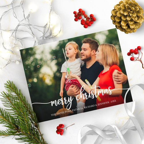 Merry Christmas Elegant White Script Photo Holiday Postcard