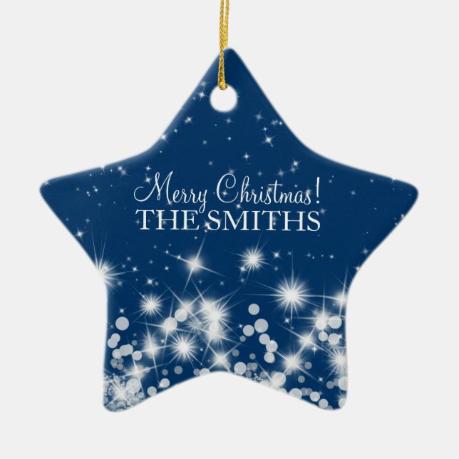 Merry Christmas Elegant Winter Sparkle Royal Blue Ceramic Ornament (Front)