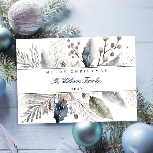 Merry Christmas Elegant Winter Watercolor Floral  Holiday Card