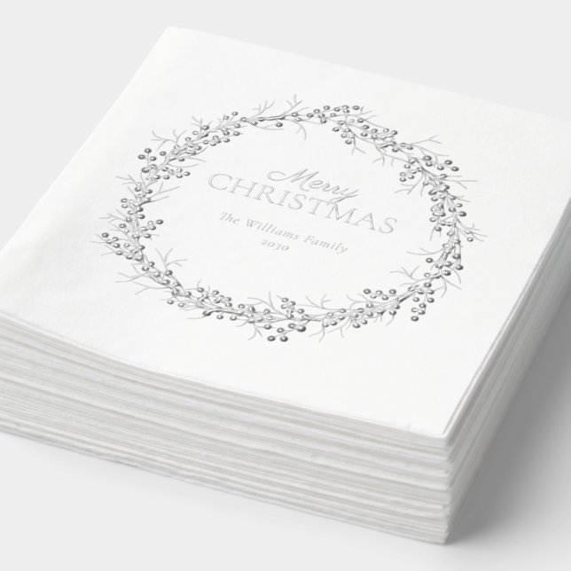 Merry Christmas Elegant Wreath Simple Party Silver Foil Napkins (Detail)