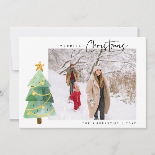 Merry Christmas elegant xmas tree one photo snow Holiday Card