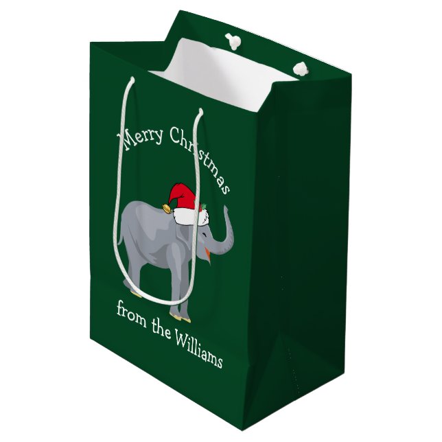 Merry Christmas Elephant Cute Green Personalized Medium Gift Bag (Front Angled)