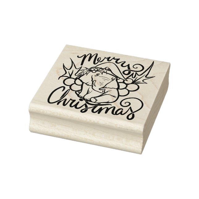 Merry Christmas Elephant Cute Santa Hat Rubber Stamp (Stamp)