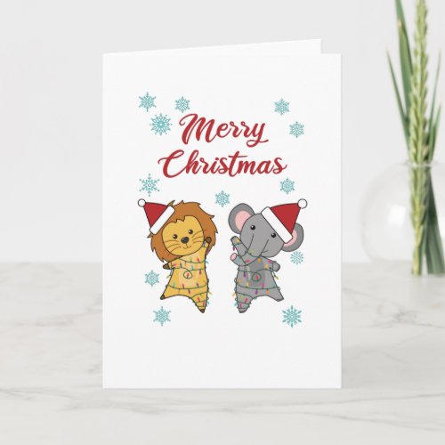 Merry Christmas Elephant Lion Snow Winter Zoo Card