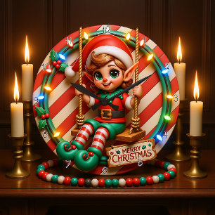 Merry Christmas Elf Large Clock