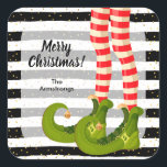 Merry Christmas Elf Legs  Square Sticker<br><div class="desc">Elf legs in striped tights and green boots on black and white stripes and gold features Merry Christmas and your name these Christmas square stickers. MATCHING items in our store.</div>
