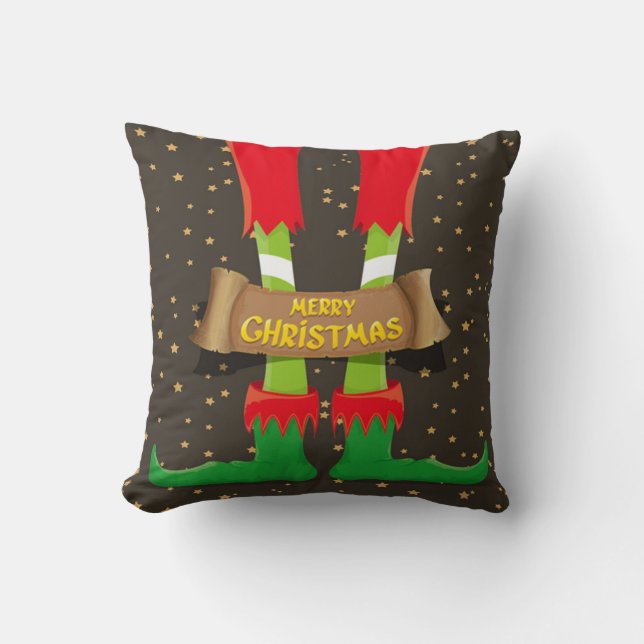Merry Christmas Elf Legs Throw Pillow (Front)