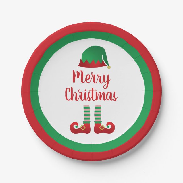 Merry Christmas Elf Outfit Red Typography Paper Plates (Front)