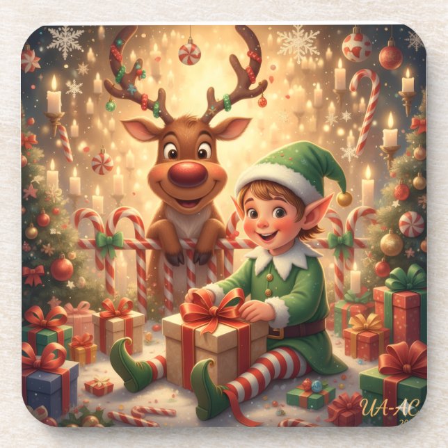 Merry Christmas Elf & Rentier Beverage Coaster (Front)