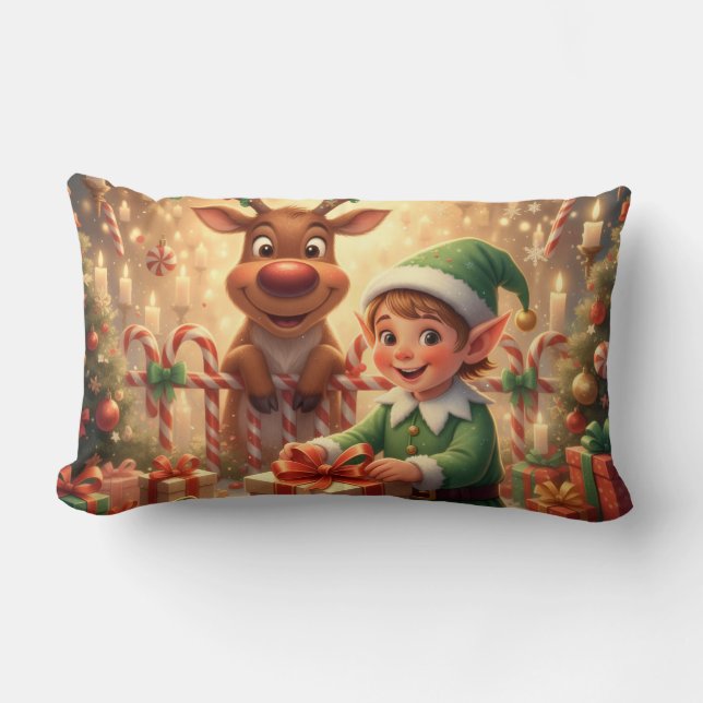 Merry Christmas Elf & Rentier Lumbar Pillow (Front)
