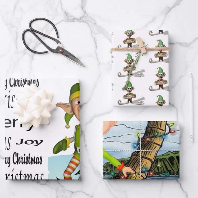 Merry Christmas Elf Santa Golfing Beach Snowman Wrapping Paper Sheets (Front)