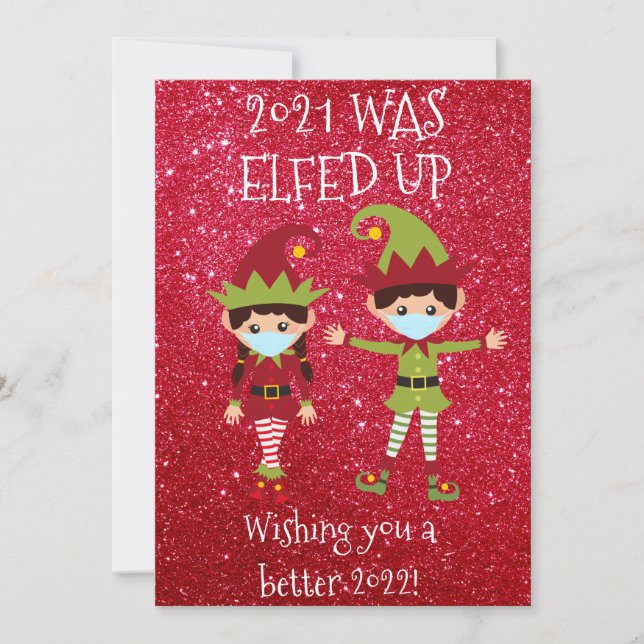 Merry Christmas Elfed Up Face Mask 2021 Glitter Holiday Card (Front)