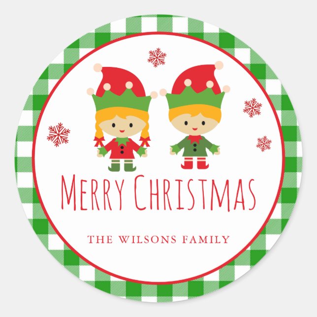 Merry Christmas Elves Red Green Personalized Classic Round Sticker (Front)