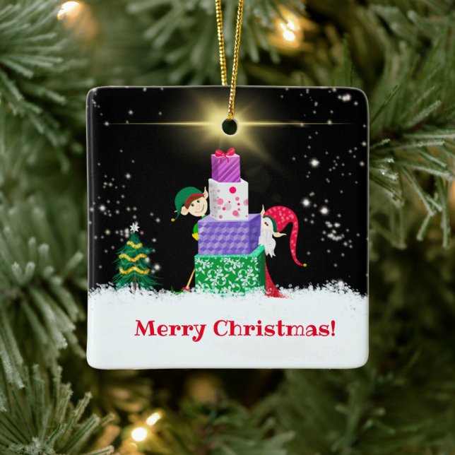 Merry Christmas Elves With Christmas Presents Ceramic Ornament (Tree)