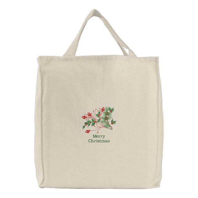 Merry Christmas embroidered holly canvas tote bag (Front)