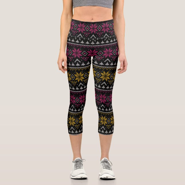 Merry Christmas embroidery cross stitch ugly sweat Capri Leggings (Front)