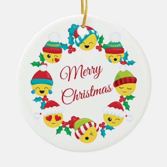 Merry Christmas Emoji Wreath Ceramic Ornament