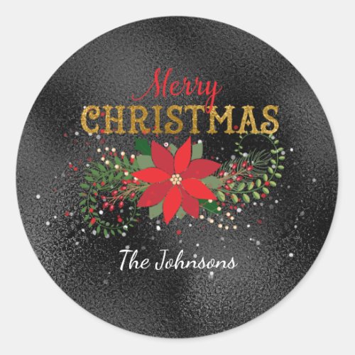 Merry Christmas English Black Gold Glass Classic Round Sticker