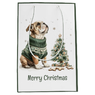 Merry Christmas English Bulldog Christmas Tree Medium Gift Bag