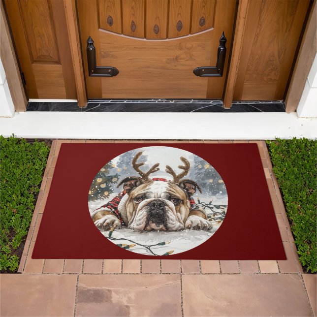 Merry Christmas English Bulldog Reindeer Doormat (Outdoor)