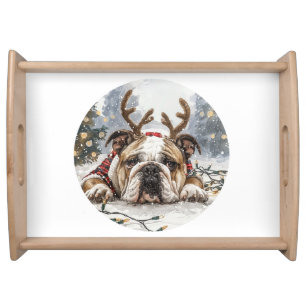 Merry Christmas English Bulldog Reindeer Serving Tray